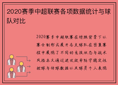 2020赛季中超联赛各项数据统计与球队对比
